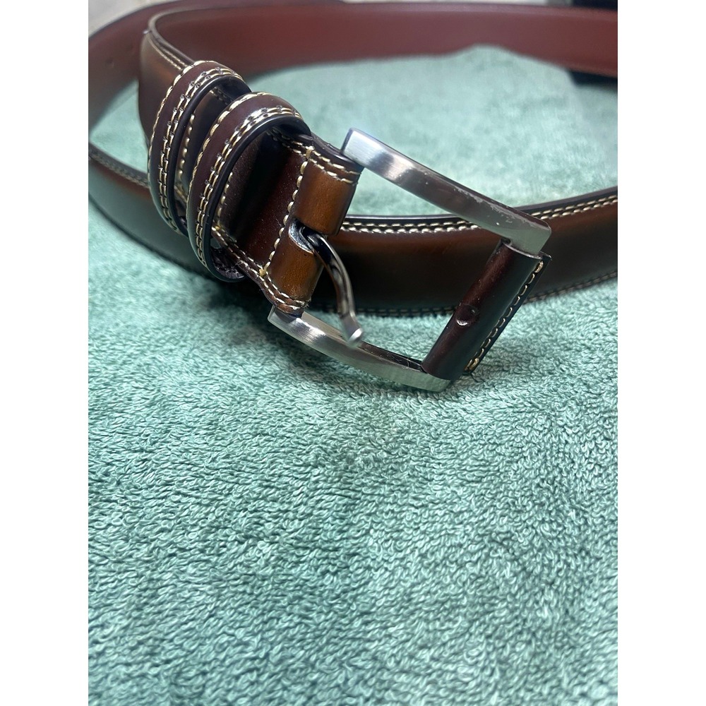 Men's Brown Solid Belt Size 44 Regular 1.5 in Width Silver Tone Buckle